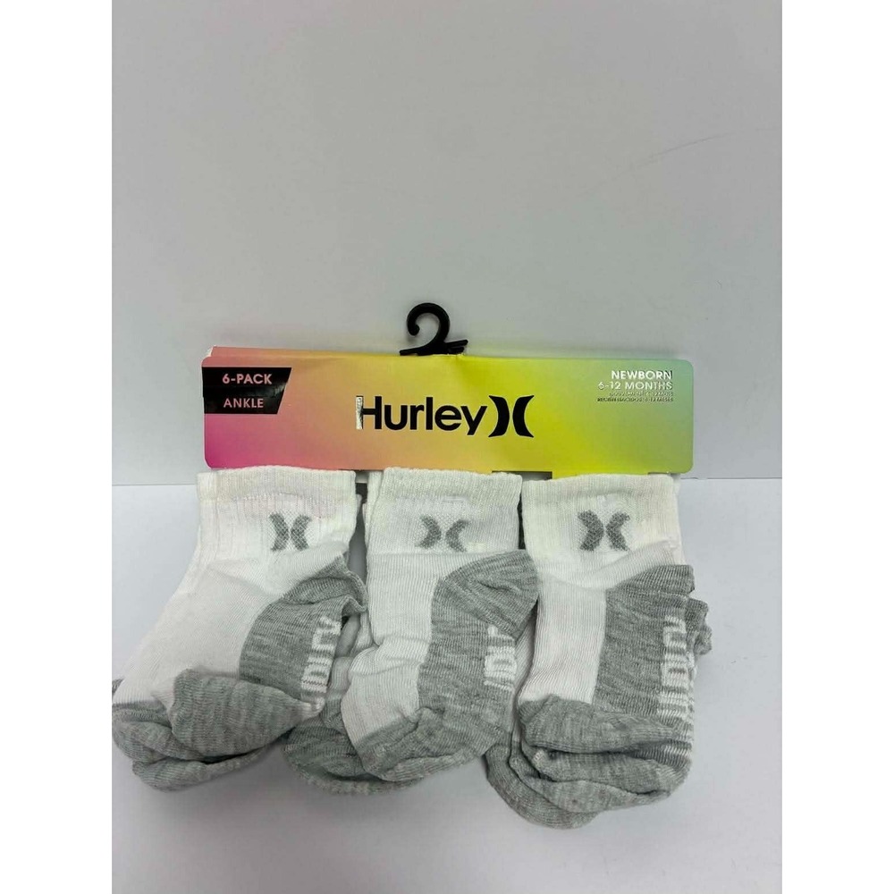 NEW 6 PACK HURLEY NEW‎ BORN ANKLE SOCKS WHITE / GREY 6-12 MONTHS